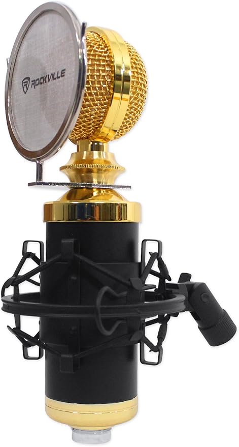 Rockville RCM02 Pro Studio Condenser Microphone Cardioid Pattern All-Aluminum Chassis with Steel Basket Dual Connectivity XLR and 3.5mm Shock Mount Cables for Recording and Podcasting