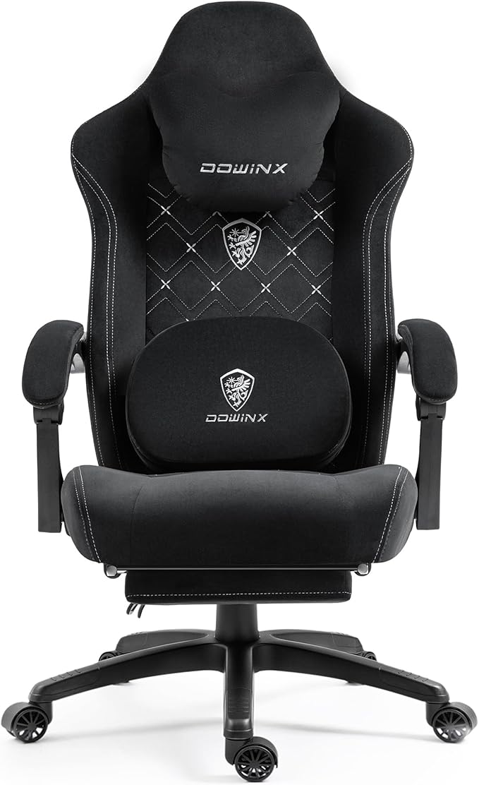 Dowinx Gaming Chair with Heated Massage Lumbar SupportBig and Tall Fabric Gaming Chairs for Adults with Footrest Ergonomic Computer Game Chair with Poket Spring Cushions 350lbs Black and White