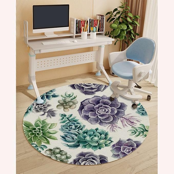 Green PU Leather Chair Mat for Hardwood Floor Anti-Slip Floor Protector Cute Succulents Flower Desert for Home/Office Rolling Chair and Computer Desk Hot Plant Artwork Diameter 55 in