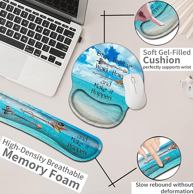 Mouse Pad Square Beach Style Anti-Slip Rubber Mousepad with Durable Stitched Edges for Gaming Office Laptop Computer PC Men Women Kids Stay Positive Work Hard and Blue Sky Ocean Cute Custom Pattern