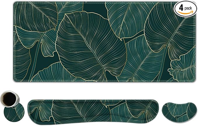 ToLuLu Extended Gaming Mouse Pad Memory Foam Ergonomic Keyboard Mouse Wrist Rest Support Set Large Desk Mat with Stitched Edges Non-Slip Base Mousepad for Home Office Game Green Golden Leaves