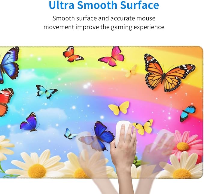 Butterflies On Daisies Rainbow Desk Cover MatExtended Large Mouse PadComputer Laptop Mat Desk Decor for Office Game Home 30x16 Inch