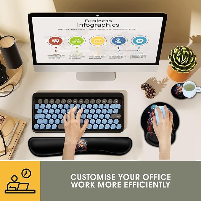 Ergonomic Gaming Mouse Pad Wrist Support and Memory Foam Keyboard Wrist Rest with Anti-Slip Base for Home Office Computer Desk Pad Gel Black Mouse Pad Easy Typing Cool Nebula Wolf Anime Desk Mat