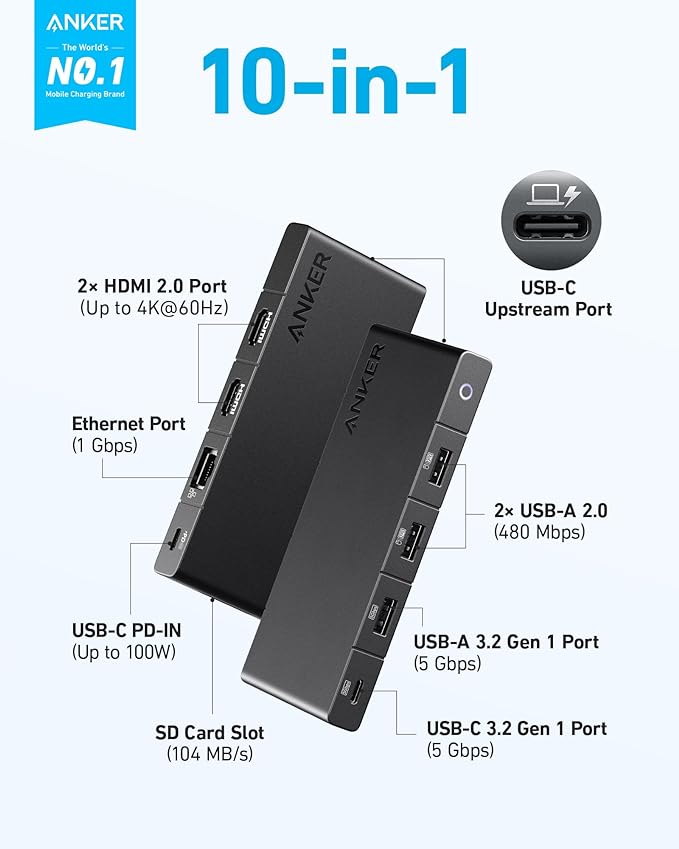 Anker USB C Hub (10-in-1) Dual Monitor with 4K HDMI Max 100W Power Delivery Dual 4K HDMI Ports 4 USB-A/USB-C Data Ports Ethernet and SD Card Reader for Dell Laptop ThinkPad and More