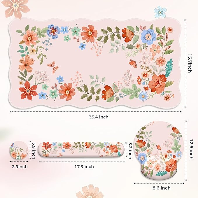 Pink Desk Cover Mat Ergonomic Mouse Pad with Wrist Support Girly Aesthetic Office Stuff Scalloped Floral Desk Protector for Office Must-Haves Work