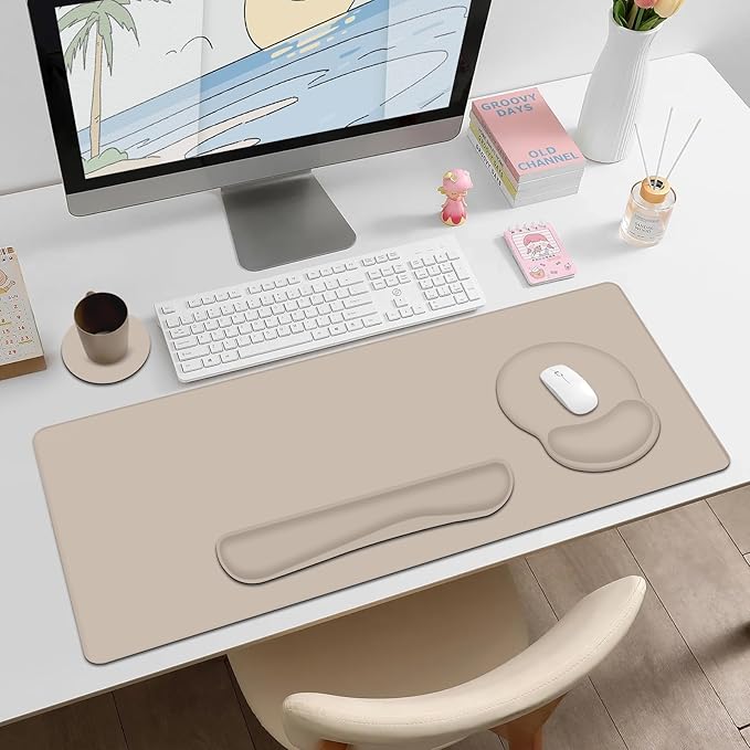 4 PCS Mouse Pad Desk Mat Protector Keyboard Wrist Rest + Comfortable Mouse Pad Wrist Rest +Coaster Large Gaming Mousepad for Computer Laptop 35.4X 15.7 Deskpad for Office Home I Apricot