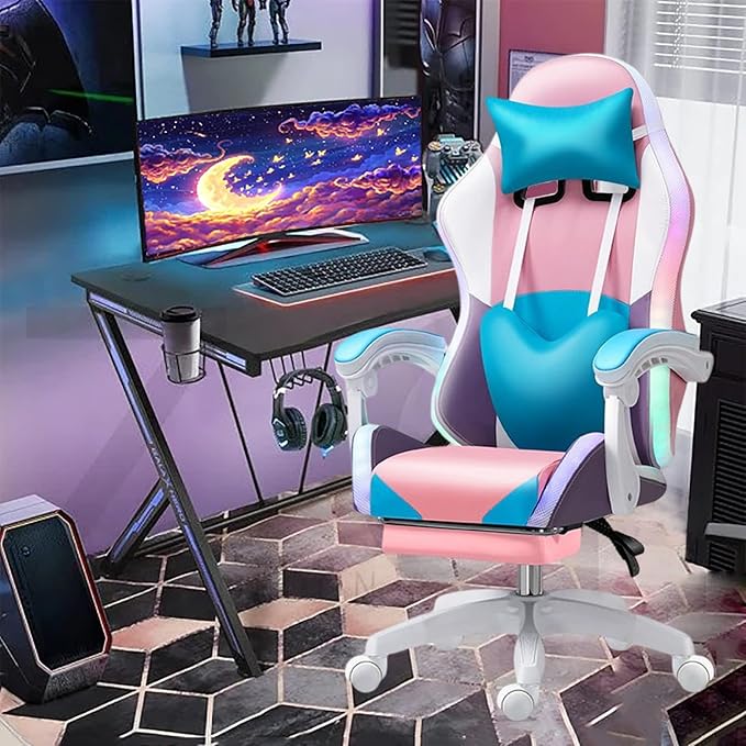 Gaming Chair with RGB LED Lights and Speakers Video Game Chair with Footrest 360° Swivel Reclining Chair with Headrest &amp Lumbar Support PU Leather High Back Computer Chair for GirlsPink