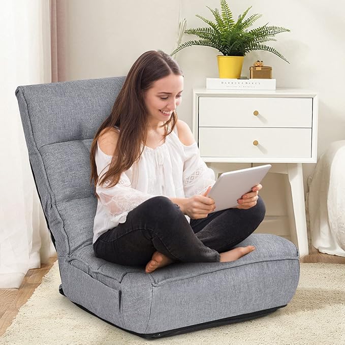 DORTALA Foldable Floor Chair for Adults Memory Foam Floor Gaming Banana Chair w/ 5-Position Adjustable Head and Back Support for Bedroom Living Room Gaming Room Grey