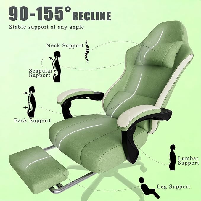 Gaming Chair High Back Fabric Computer Chair with Pocketed Spring Cushion and Footrest Height Adjustable Game Chair with Headrest and Lumbar Support (Beige &amp Green)