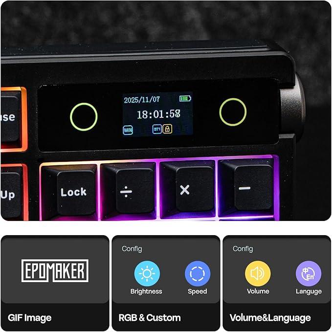 EPOMAKER TH108 PRO Full Size Mechanical Keyboard with Screen &amp Knob Wireless Gaming Keyboard with 10000mAh Creamy Gasket Hot Swap Custom Driver RGB Backlight (Black Sea Salt Silent)