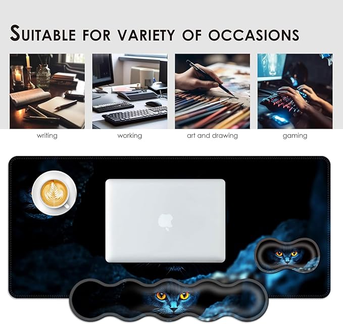 Large Keyboard Mouse Pad Set Extended Mouse Pad+Keyboard Wrist Rest Support Memory Foam Ergonomic Easy Typing 4Pcs (31.5×11.8 in) Desk Pad Set for Office HomeBlack Cat with Glowing Eyes