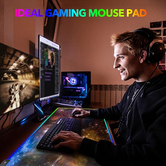 AIMSA Large Gaming Mouse Pad RGB Keyboard Led Mousepad Extended 35.4 x 15.8 inch Non-Slip Rubber Base with 14 Lighting Modes Desk Mat Colorful Galaxy Nebula