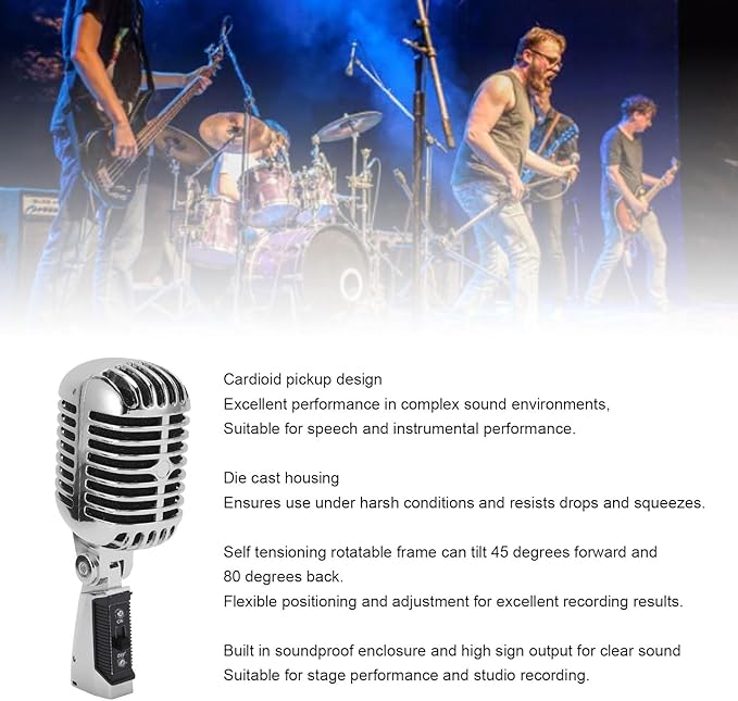 Zopsc Retro Dynamic Microphone Old Vintage Style Cardioid Pickup Mic Classic Dynamic Vocal Microphone for Performance KTV Stage Studio Recording (Silver)