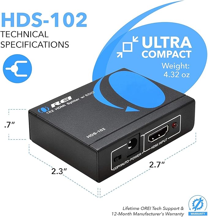 OREI 4K 1 in 2 Out HDMI Splitter Duplicate/Mirror Only UltraHD 4K @ 30 Hz 1x2 Will NOT Bypass HDCP HDMI Supports 3D Full HD 1080P for Xbox PS4 PS3 Fire Stick Blu Ray Apple TV HDTV - Adapter Included