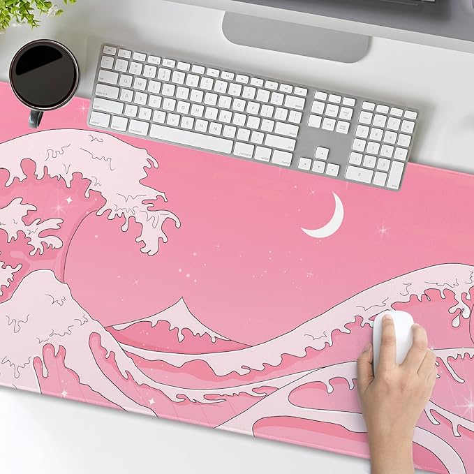 Pink Japanese Anime Gaming Mouse Pad XL Cute Kawaii Aesthetic Wave Extended Big Large Desk Mat Non-Slip Rubber Base Stitched Edge Long Keyboard Mousepad for PC Computer Laptop40x20 in100x50cm
