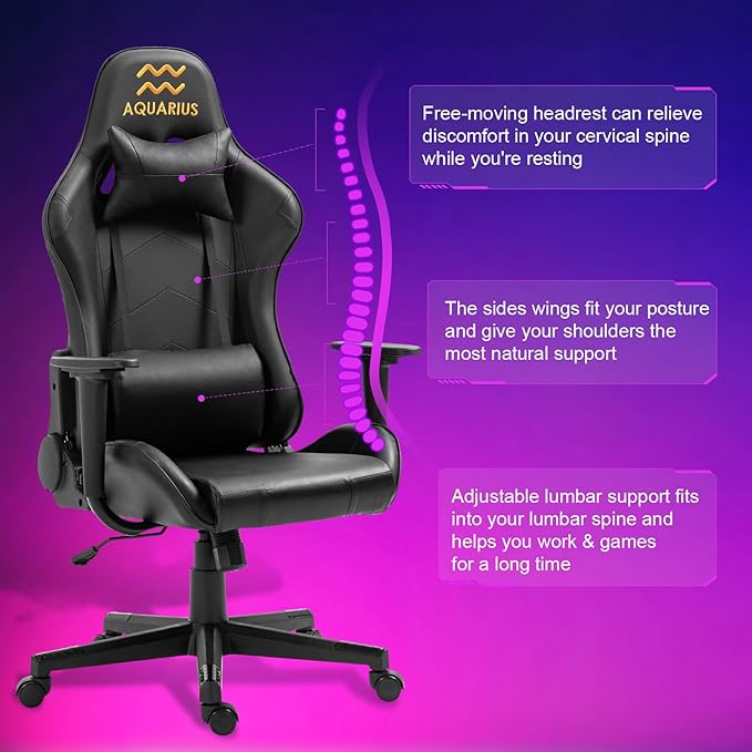 DIKEP Gaming Chair Computer Office High Back Leather Gamer Chair Ergonomic Adjustable Racing Chair with Headrest and Lumbar SupportBlack