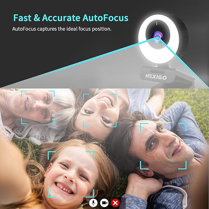 NexiGo N620E Webcam with Light 1080P 60FPS AutoFocus ePTZ 2X Digital Zoom Plug and Play [Software Included] FHD Streaming Web Camera Dual Stereo Mics for Zoom Skype Teams PC Mac Laptop Desktop