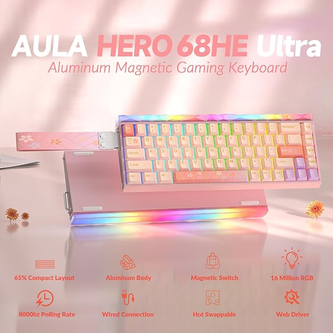 AULA Hero 68 HE Ultra - Wired Gaming Keyboard with Hall Effect Magnetic Switch CNC Aluminum Frame 8KHz Polling Rate RGB Box &amp Backlight Adjustable Actuation 65% Compact Small Gamer Keyboards