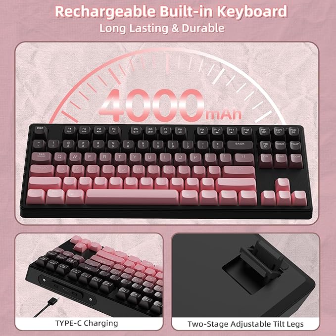 ZIYOU LANG M87 75% Wireless Gaming Keyboard Mechanical Feel Silent Rainbow Backlit Bluetooth/2.4Ghz PBT Gradient Keycaps Rechargeable 4000mAH Battery Ergonomic for MAC/Win/PC-Pink