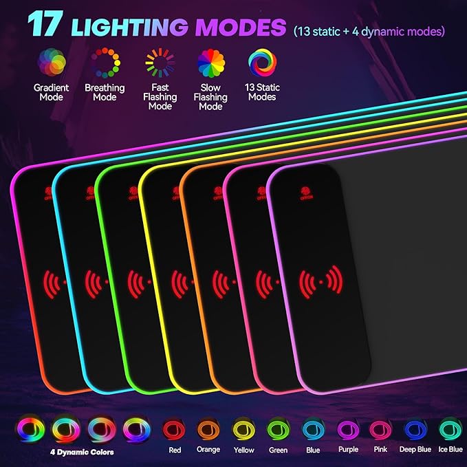 RGB Gaming Mouse Pad with 15W Wireless Charger 17 Lighting Modes LED Mouse Mat Extra Large 27.6x11.8 Extended Mouse Pad with Non-Slip Base Type-C Plug &amp Play for Keyboard Mouse and Phone