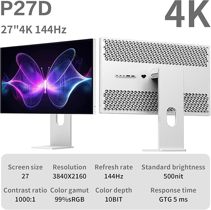 P27D 27 inch FHD (3840 x 2160) 4K 144HZ Gaming Monitor IPS Black Panel 1.07 Billion Colors 99% sRGB 5msHDR10G-Sync FreeSyncHDMIDPVESA178° Viewing Angle (Honeycomb - with Stand)