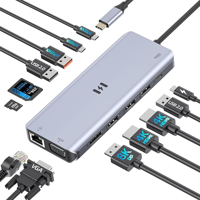 USB C Docking Station 4 Monitors13 in 1 Laptop Docking Station 3 Monitors with Dual HDMI8K DPVGA10Gbps USB A/C Data Transfer PD ChargingUSB C Hub Multiport Adapter for Windows/macOS Laptop