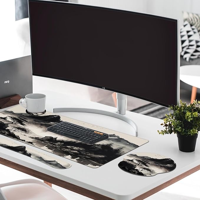 Britimes Black Ink Landscape Keyboard Mouse Pad Set 4in1 Large Mousepad+Keyboard Wrist Rest+Mouse Wrist Rest+Coaster Set with Ergonomic Design for Home Office Computer 35.4x15.7 inches