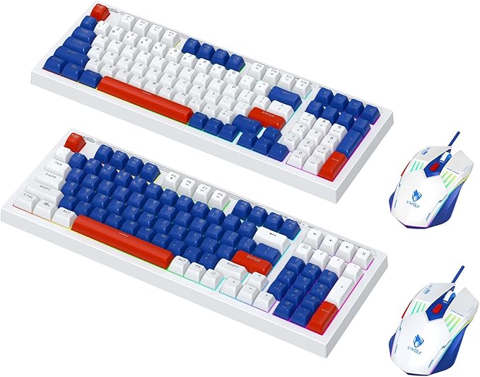 Docooler Gaming Keyboard Gaming Keyboard and Mouse Combo 98-Key Wired Mechanical Keyboard with Backlight 6D Gaming Mouse Support Adjustable Movement Speed - Blue&ampWhite