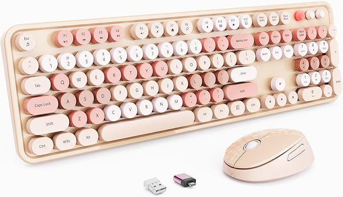 Wireless Keyboard and Mouse Full-Size Typewriter Keyboard with Retro Round Keycaps Ergonomic Design Compatible with Windows PCs Ideal for Home and Office. (Milk Tea)