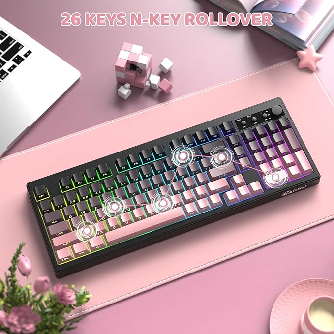 ZIYOU LANG K100 Wireless Gaming Keyboard99 Keys Tri-Mode BT/2.4GHz/USB-C Creamy Color Keyboard with Number Pad RGBMedia Knob Custom Programmable Computer Keyboards for PC/Mac/Xbox (Pink)