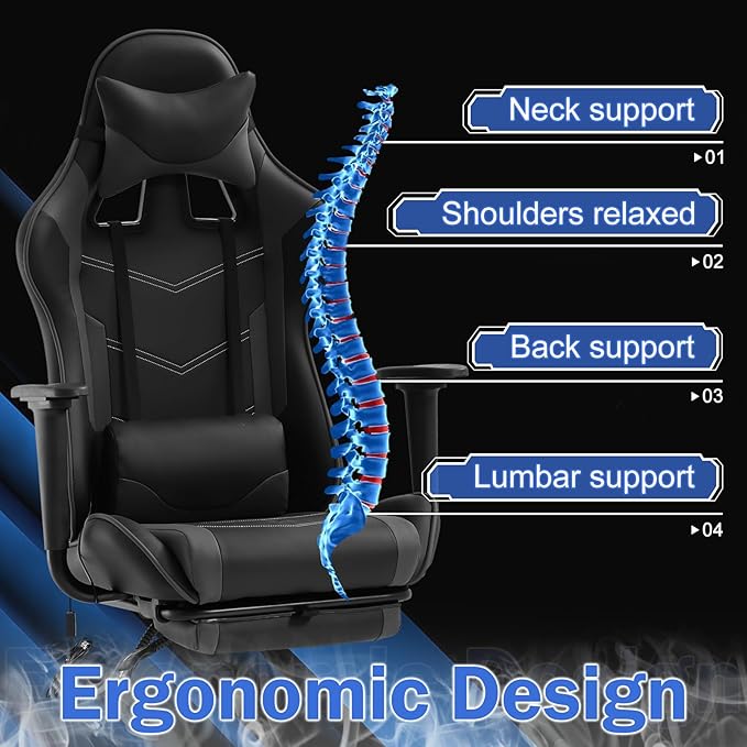 Massage Gaming Chair - Ergonomic PC Racing Office Chair with Lumbar Support Headrest Armrest Footrest - Black Heavy Duty PU Leather Recliner for Adults Gamer (Grey)