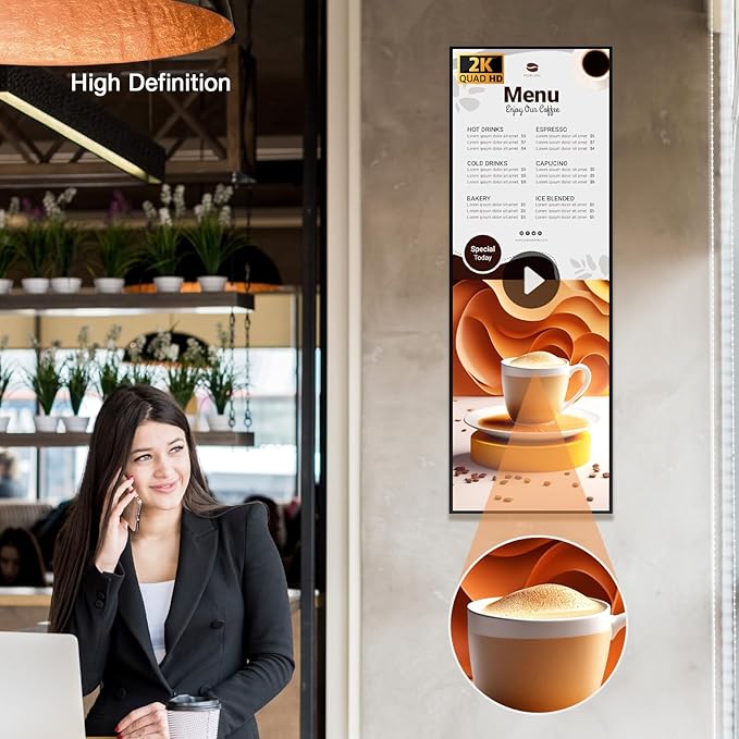 29inch Ultra-Wide Digital Signage Display 700nits Slim 25.8mm 6.8mm Frameless Commercial Advertising Screen Digital Menu Board for Restaurants Retail USB/HDMI/WiFi Android OS Free Cloud CMS