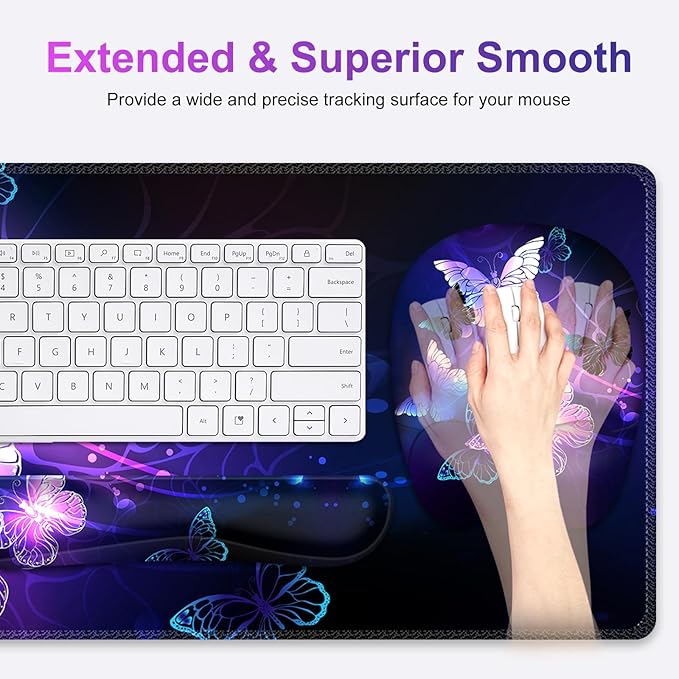 Large Mouse Pad with Wrist Support 4in1 Set XXL Game Mousepad + Keyboard Wrist Rest+Mouse Wrist Rest+Coaster with Ergonomic Design Gaming Mat for Home Office Table Computer I Purple Butterfly