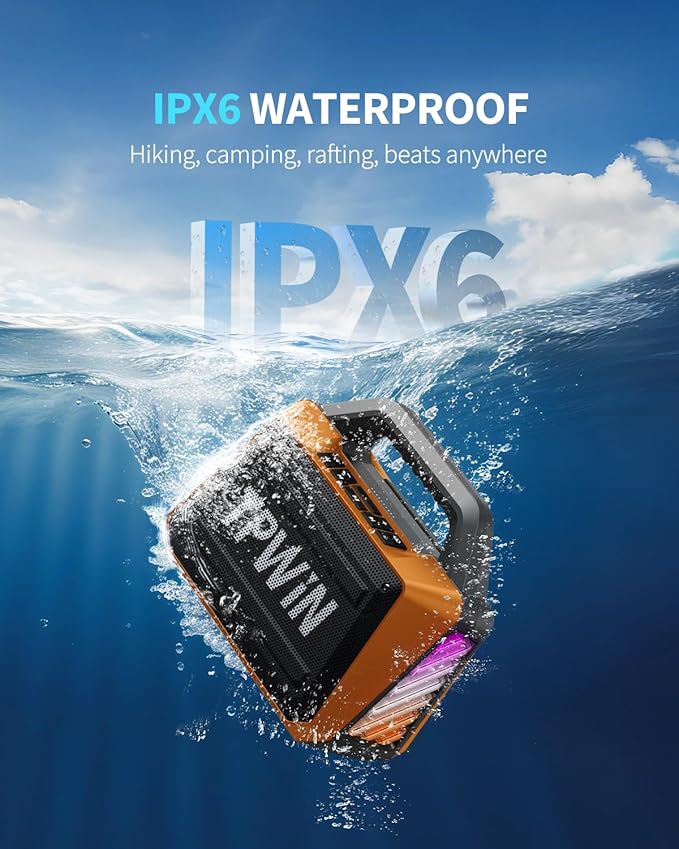 Bluetooth Speaker - 80W Loud Rugged Outdoor Speakers IPX6 Waterproof 20H Playtime Deep Bass Lightshow TWS BT 5.3 Wireless Portable for Travel Hiking Camping Beach Pool - Orange