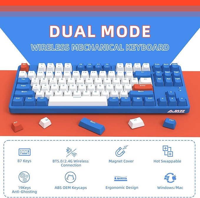 A.JAZZ Wireless Mechanical Keyboard 87 Keys TKL Hot Swappable Bluetooth Gaming Keyboard Dual Mode BT5.0/2.4G with Detachable Frame USB Hub OEM Keycaps Custom Keyboard for PC MAC PS4(Red Switch)