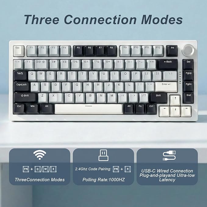 DstoPar Wireless Mechanical Keyboard75% Hot Swappable Gaming Keyboard with Multifunction knobRGB BacklitGasket StructurePBT Keycaps Bluetooth5.0/Type-C/2.4GK81 Mechanical Keyboard（Iceland Blue）
