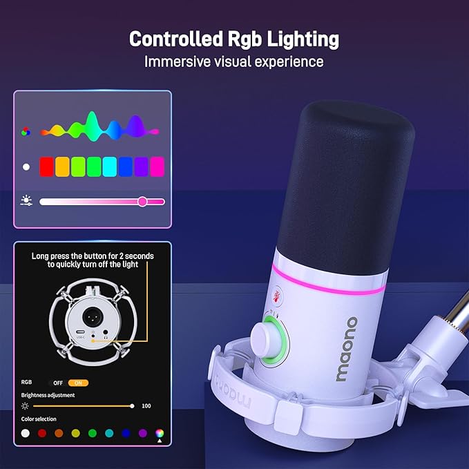 MAONO XLR/USB Dynamic Microphone Kit RGB Podcast Mic with Software Mute Gain Knob Volume Control Boom Arm for Streaming Gaming Voice-Over Recording-PD200XS White