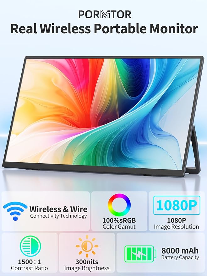 Wireless Portable Monitor with Battery Wireless Monitor for Laptop-15.6 1080P FHD Travel Monitor for Laptop Support AirPlay Miracast for Windows/Mac/Android/iOS