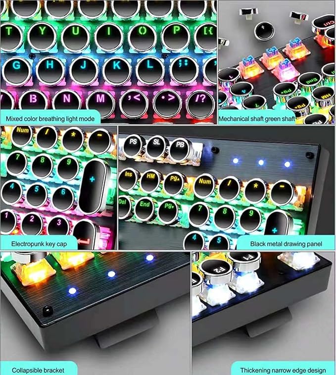 Retro Typewriter Mechanical Keyboard and Mouse Combo Black with Blue Switch and 9 True RGB Backlight Modes Cool Light Up for Gaming Work Mac PC Windows
