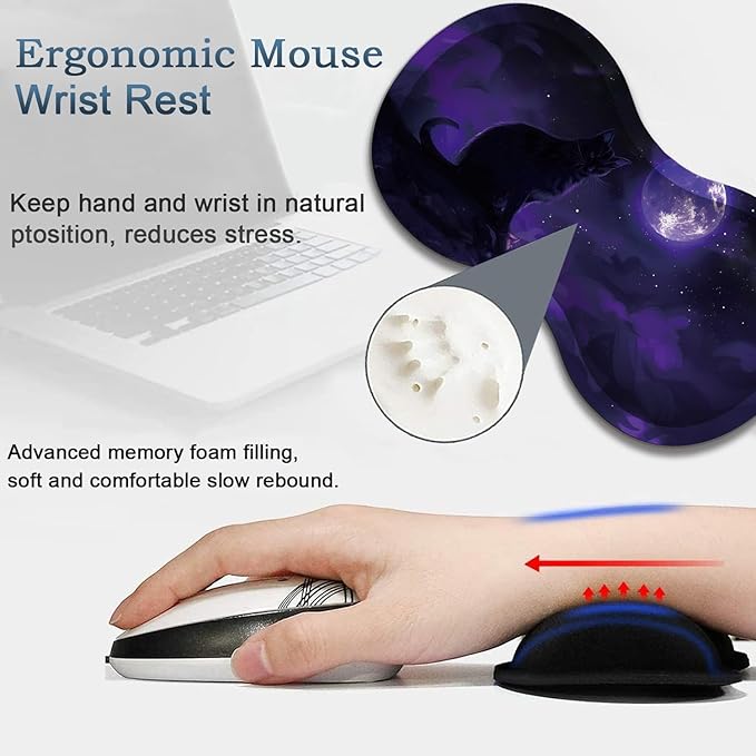 Large Gaming Mouse Pad + Wrist Rest + Lace Coaster Non-Slip Set with Sewn Edges and Waterproof Expandable Desktop Pad Suitable for Office/Home Black Cat and Purple Moon