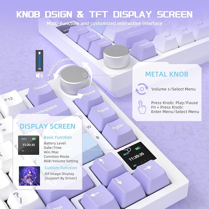 Attack Shark ajazz AK820 Pro Wireless Mechanical Gaming Keyboard TFT Display &ampKnob Hot Swappable Bluetooth 5.1/2.4G hz/Type-C Gasket-Mounted RGB Backlit Custom Keyboard for PC/Win(Purple/Gift Swit