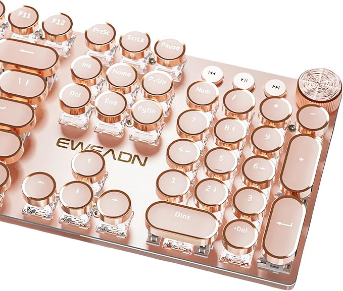 Typewriter Style Mechanical Gaming Keyboard White LED Backlit 104-Key NKRO Pink Switches Retro Round Keycaps Golden Ring Volume Knob Metal Panel Wired USB-C Detachable Cable Rose Gold