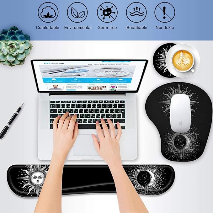 Keyboard Wrist Rest Pad Ergonomic Mouse Pad SetNon-Slip PU Base for Laptop Home Gaming OfficeMatching Elephant Pen Holder and Cup Coaster(Sun and Moon)