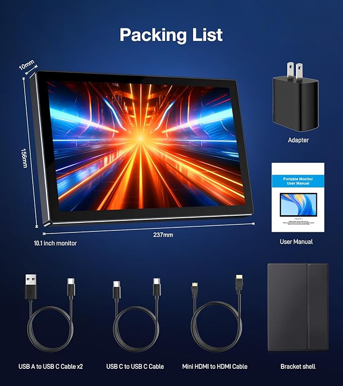 10.1 Inch FHD 1920x1200 Portable Monitor with IPS Screen Full-Featured USB-C Connection Ultra-Thin Design Compatible with Laptop PC Mac Phone PS5 with Premium Smart Case 16:10 Travel