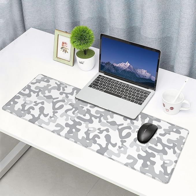 Large Mouse Pad White Camo Arctic Military Camouflage Costume Gaming Mouse Pad Desk Pad Extended Non-Slip Rubber Base Mice Pad for Gamer Office &amp Home 31.5 X 11.8 Inch