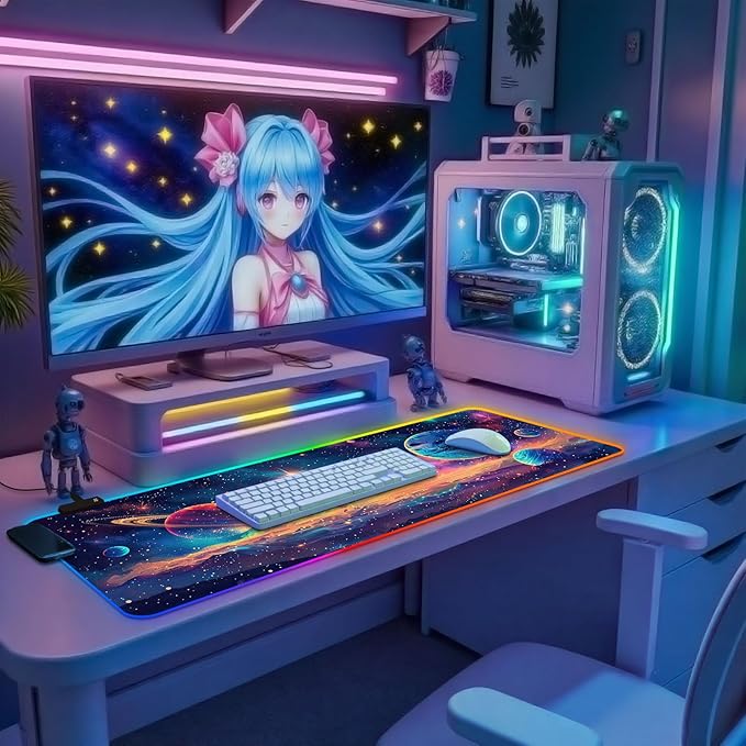 RGB Mousepad Led Mouse Pad Desk Mat I 31.5 x 11.8 Inch Large Mouse Pad I XL Oversized Big Mouse mat 14 Led Light Modes I Anti-Slip Rubber Base Waterproof Keyboard Pad for PC Gaming I Colorful Planet