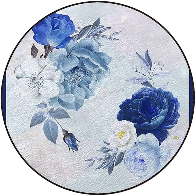 Romantic Flower Rugs Soft Non-Slip Indoor Outdoor Bedroom Home Decor Carpet Mat Yoga Mat Runner Rugs Doormat Round Rug Rustic Floral Design LavenderPale Blue Green Diameter 39.3 in
