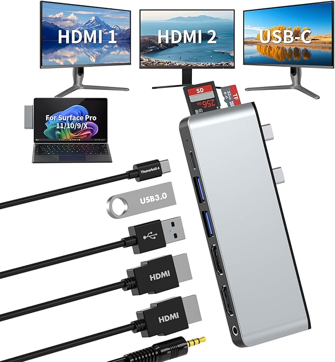 Surface Pro 11 Accessories Docking Station with Dual 4K@60Hz HDMI USB-C Thunerbolt 4 (Display+Data+100W Charging) 2 USB 3.0 SD/TF 3.5mm Mic USB C Hub Adapter for Surface Pro 11/10/9/X