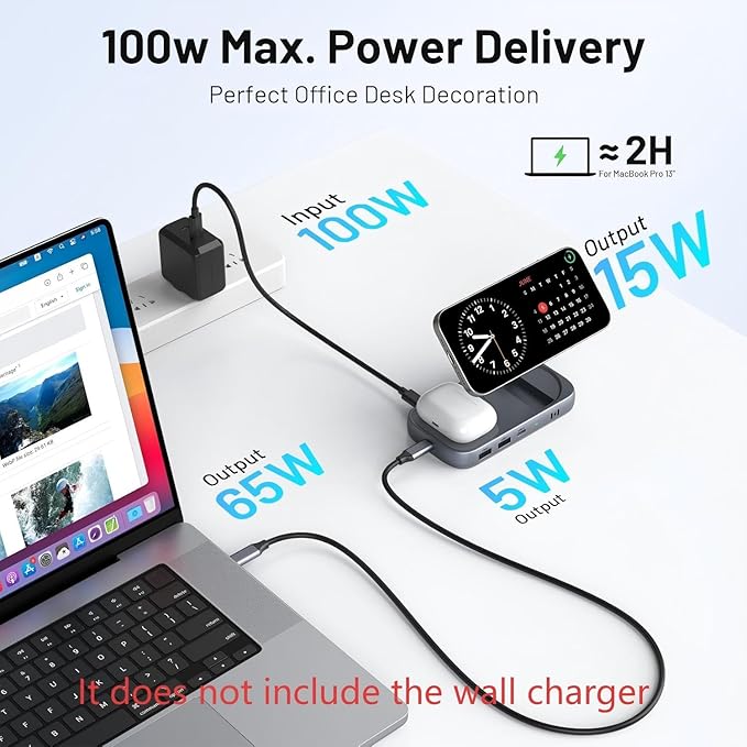 Selore USB C Hub with Wireless Charging for MacBook: 4K@60Hz HDMI 100W PD 15W Qi2 + 5W Wireless 10Gbps Ports iPhone Mirroring Docking Station &amp Magsafe Stand Space-Saving Desk Organizer(Black