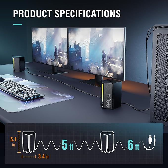FIFINE Computer Speakers Desktop PC Speakers with Volume Control RGB Gaming Loudspeakers Wired with 3.5mm Aux Audio Cable for Laptop Monitor Phone Tablet-AmpliGame A20